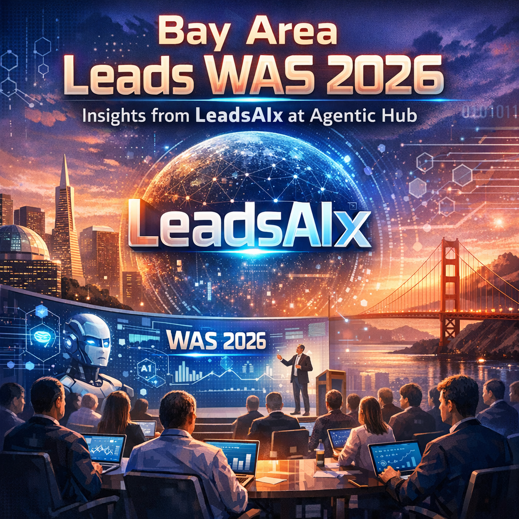 Bay Area skyline with overlay text about LeadsAIx at WAS 2026 from Agentic Hub.