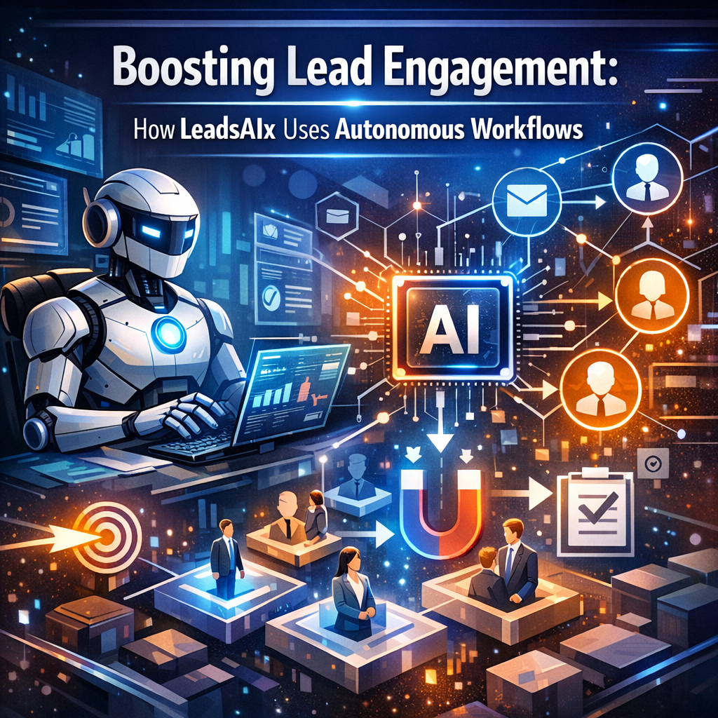 Illustration of AI managing multiple digital workflows, enhancing business lead engagement.