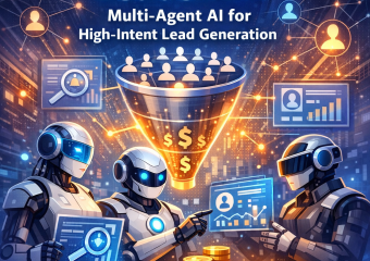 Graphic showing multi-agent AI technology in a network diagram labeled "LeadsAIx" for lead generation.