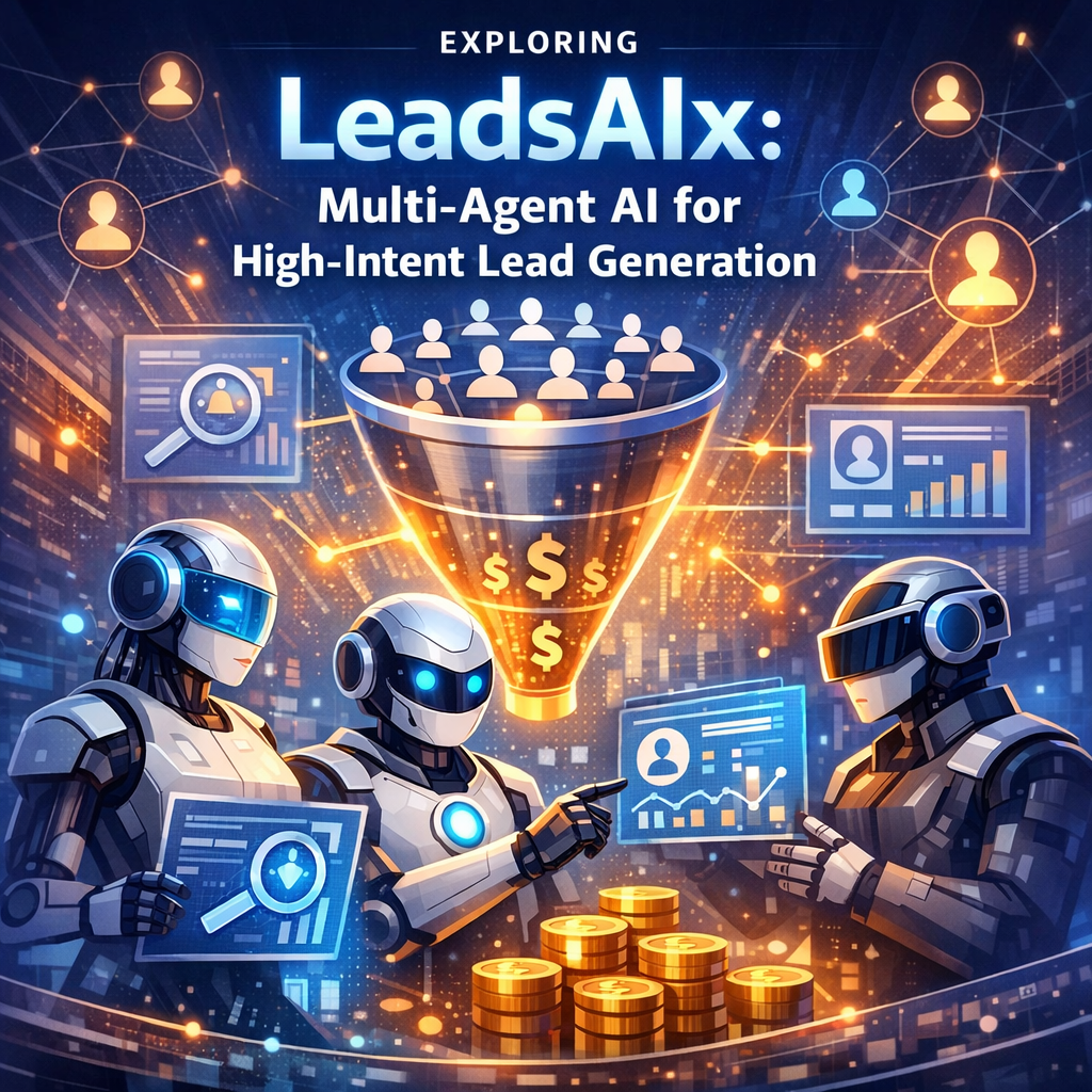 Graphic showing multi-agent AI technology in a network diagram labeled "LeadsAIx" for lead generation.