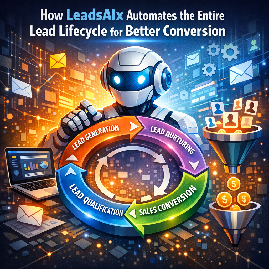 Illustration of a flowchart demonstrating LeadsAIx automating various stages of the lead lifecycle for enhanced sales convers