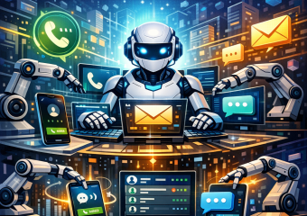 Futuristic robot at a console managing automated calls, emails, and SMS for scalable outreach.