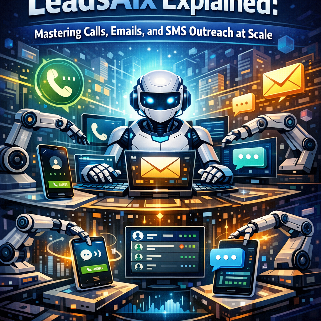 Futuristic robot at a console managing automated calls, emails, and SMS for scalable outreach.