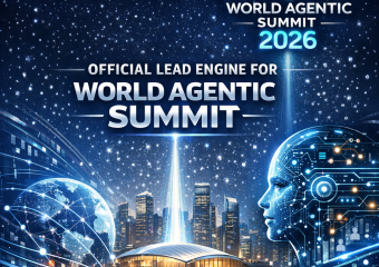 "Logo of LeadsAIx alongside the text 'Official Lead Engine for World Agentic Summit 2026' with a futuristic blue and global m