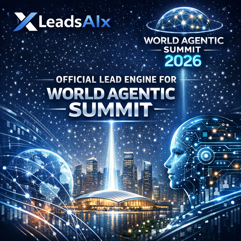 "Logo of LeadsAIx alongside the text 'Official Lead Engine for World Agentic Summit 2026' with a futuristic blue and global m