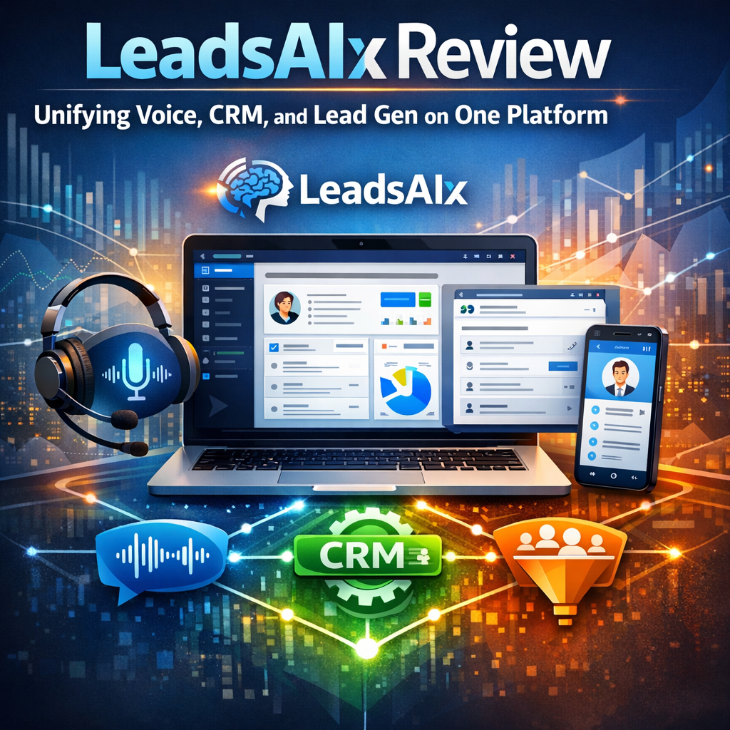 Screenshot of the LeadsAIx platform demonstrating integration of voice, CRM, and lead generation features.