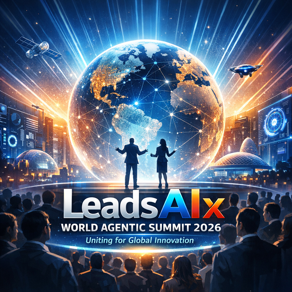 Digital globe with futuristic interfaces, symbolizing the LeadsAIx World Agentic Summit 2026 for global innovation.
