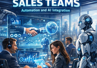 Futuristic sales team using automation and AI technology in a high-tech office setting.