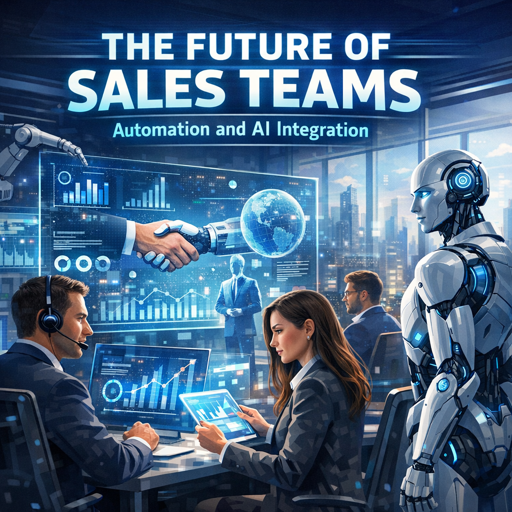 Futuristic sales team using automation and AI technology in a high-tech office setting.