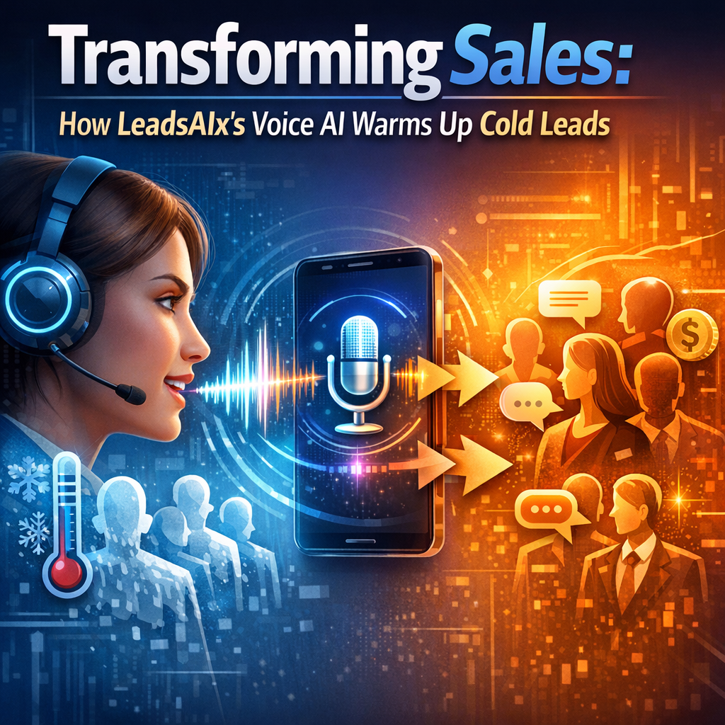 Illustration of LeadsAIx's Voice AI technology warming up cold sales leads through automated phone calls.