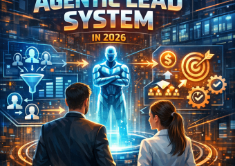 Futuristic business professionals gathered around a holographic display of an Agentic Lead System.